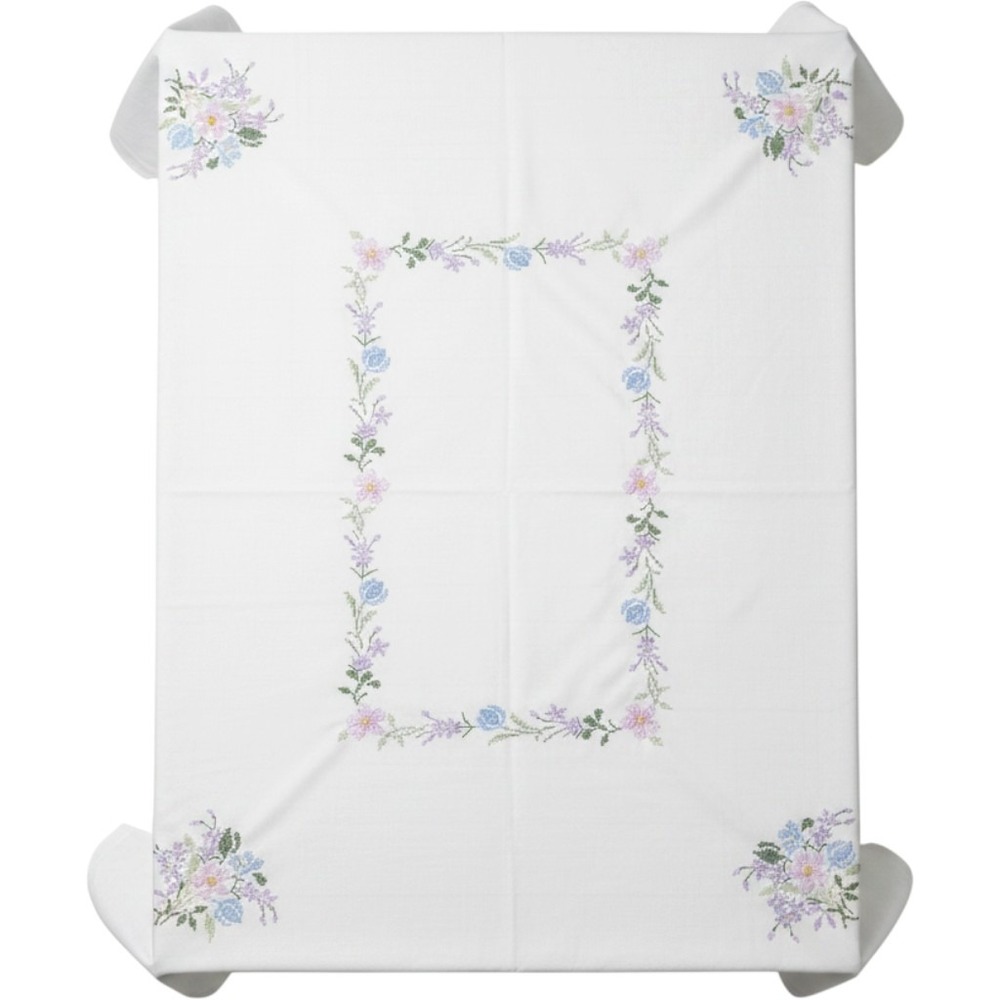 Vintage Floral Cross Stitch Embroidered White Rectangular Tablecloth Cottagecore